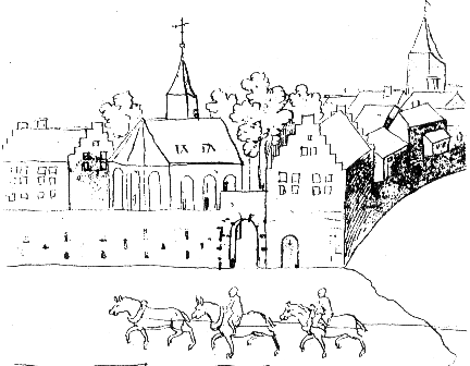De Sint Hieronymusschool; De ingang was door het poortje. Links de fraterskerk, rechts de school. Helemaal rechts: de Maas