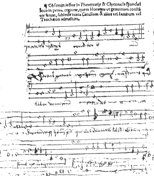Musik mit einem Schullied von Macropedius aus dem Jahre 1544. DRUECKEN SIE, UND SIE HOEREN DAS LIED
