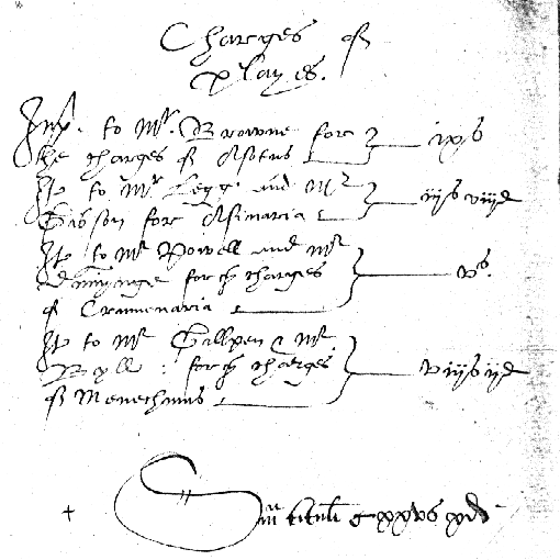 Bewijsplaats voor de opvoering van 'Asotus' in het Trinity College te Cambridge in 1566. Tekst: 'Charges of plays: Imp. to Mr. Browne for the charges of 'Asotus': IX Sh.'