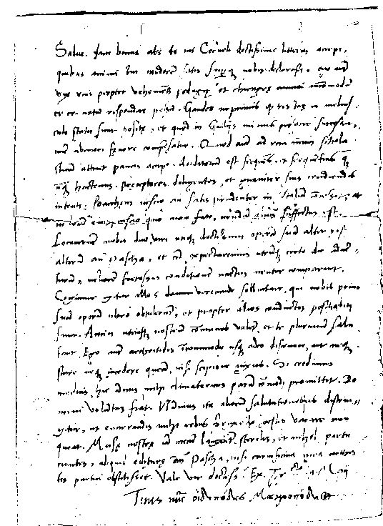 Eigenhandig geschreven brief van Macropedius, 9 mei 1549. KLIK EENMAAL VOOR DE BRIEF OP WARE GROOTTE EN DE LATIJNSE TRANSCRIPTIE. 